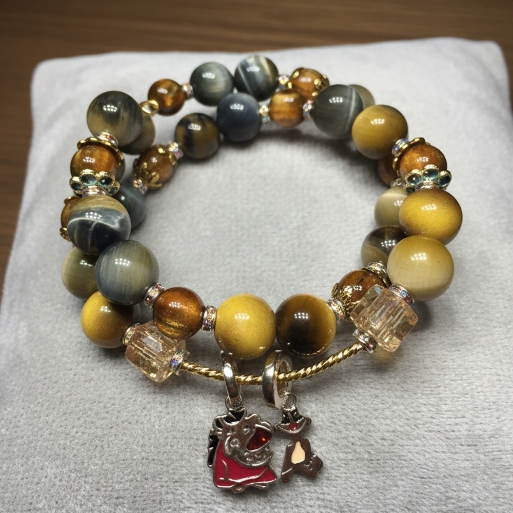 Timon And Pumbaa Tigers Eye Glass Bead Wire Bracelet. Sterling Silver